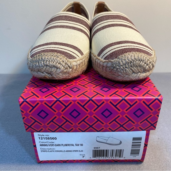 Tory Burch Shoes - Tory Burch Awning Ivory / Dark Plum Striped Elastic Espadrille, Women’s size 7